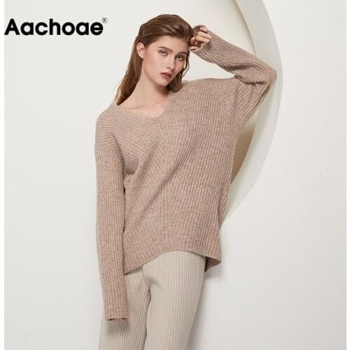 Aachoae Women Elegant Solid Two Piece Set 2020 V Neck Long Sleeve Pullover Sweater With Casual Wide Leg Pants Ladies Outfits