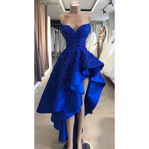 Royal Blue Prom Dress Beads Strapless Asymmetrical V-neck Cocktail Party Gown Sexy Evening Dress платье для свадебной вечеринки
