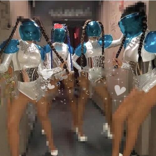 Nightclub Men And Women Singer Future Technology Sexy Silver Mirror Bodysuit Nightclub White Armor Performance Costume DWY3019