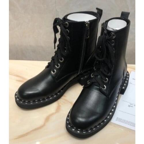Moraima Snc Autumn Fashion Leather Riding Boots Round Toe Rivets Studded Lace-up Motorcycle Boots Woman Ankle Boots