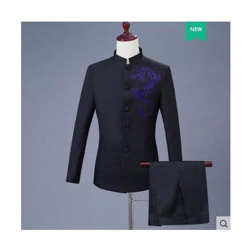 2020 new arrival slim Chinese tunic suit men suit set with pants mens wedding suits Dragon formal dress mens groom suit + pant
