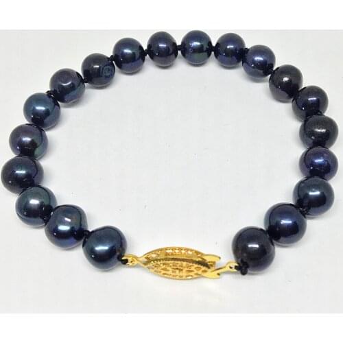 New Fashion Natural Black Freshwater Cultured Pearl Bracelet 7-8,8-9mm Approx Round Bead High Grade Women Jewels 7.5inch B1524