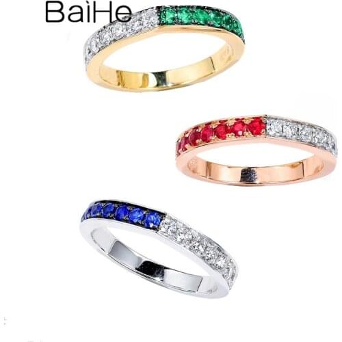 BAIHE Solid 14K White/Yellow/Rose Gold 0.20ct Round Cut Natural Ruby/sapphire/emerald 0.25ct Diamond Wedding Fine Jewelry Ring