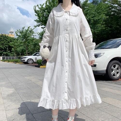 Peter Pan Collar Shirt Casual Loose Summer Long Dress Lolita White Korean Fashion Clothing For Womens Street Long Sleeve A Line
