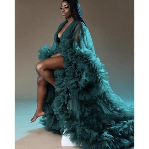 Hunter Green Prom Dresses Tulle Maternity Robes Women Photoshoot Bathrobe Fluffy Party Sleepwear Custom Made Gowns 2021