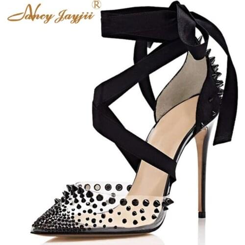 Famous Brand Rivets Crystals Stilettos Pumps Large Size 44 46 Woman Shoes High Thin Heels Cross-Tied Pointed Toe Elegant Mature
