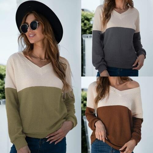 Womens Summer V-neck Color Matching T-shirt Sweater Holiday Cool Soft Breathable Pullover V-Neck Long Sleeve Top Pullover