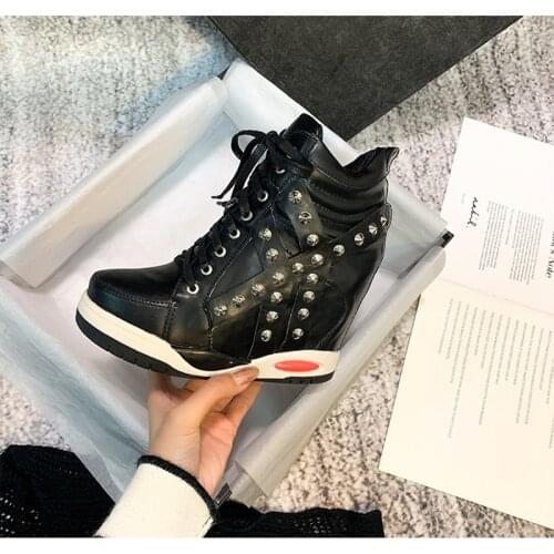 Womens Pointed Toe Leather Rivet Stud Lace Up Sneaker Hidden Wedge Heel Shoes High Top Platform Boots Black White Punk New 2021