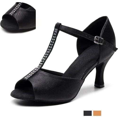 Ladies Rhinestone Latin Ballrom Dance Shoes For Woman Soft Bottom Bachata Salsa Dancings Shoes For Girls Silk Stain Latino Shoes