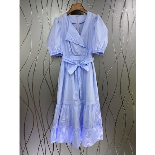 Top Quality Cotton Dress 2021 Summer Style Women V-Neck Ruffle Patchwork Belted Short Sleeve Mid-Calf Length Blue Yellow Dress