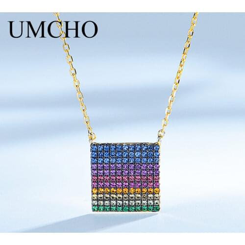 UMCHO Pure Silver High Quality Classic 925 Sterling Silver Necklace Rainbow Square Necklace For Women Fashion Jewelry