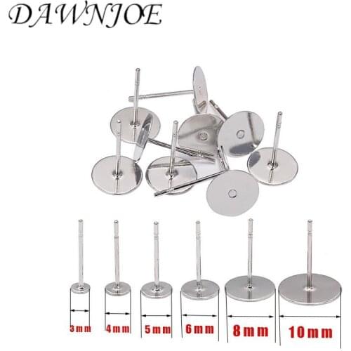 100pcs Stainless Steel 3-12mm DIY Earrings Studs Flat Round Head Earrings Pin Base Tray Ear Jewelry Supplies Finding