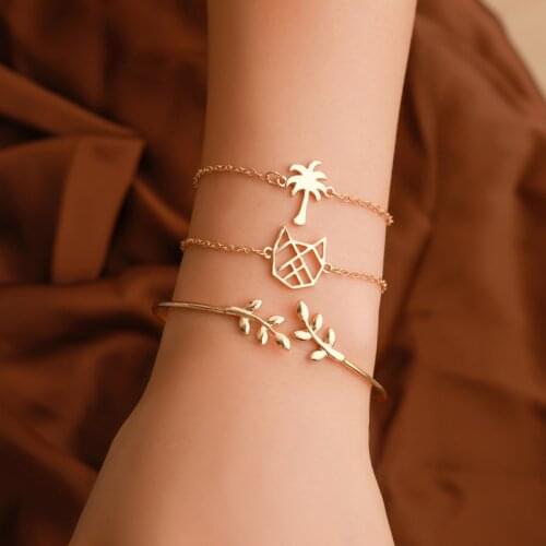 3 Pieces Bohemian Gold Bangle for Women Fashion Multilayer Chain Bracelets Set Leaf Tree Charm Jewelry