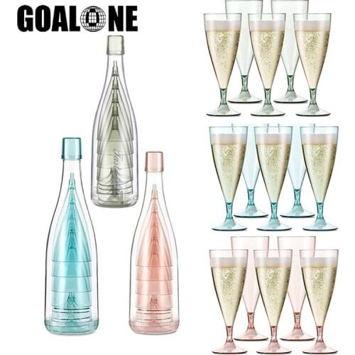 5Pcs/Set Reusable Plastic Champagne Flutes with Storage Bottle Mimosa Bar Wine Glasses Champagne Glasses for Wedding Beach Party
