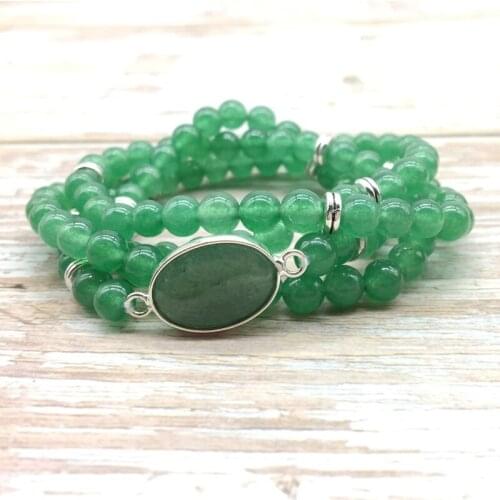 74cm Long Fashion Women Bangle Stone Beads Bracelet Elastic Mala Necklace Green Jades Silver Color 6 mm Bead For Her Gift