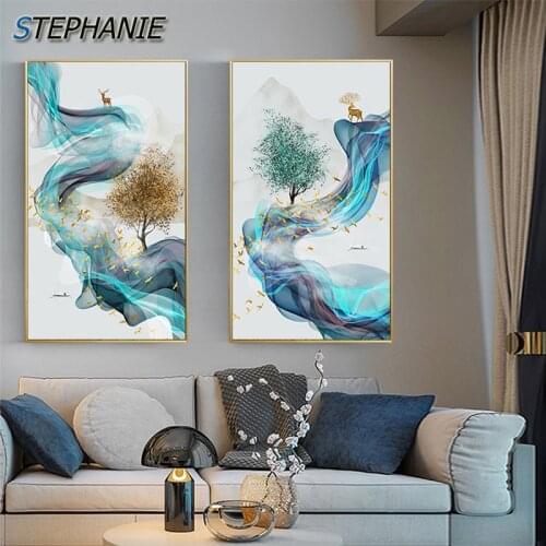Abstract Golden Deer Paintings Fashion Canvas Art Triple Blue Posters and Prints for Living Room Modern Wall Art Pictures Decor