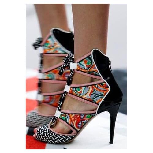 Summer New Women Patent Leather Grid Patchwork Printing Rope Lace Up Cuts out Peep Toe Zip Back Thin Heels Party Sandals Pumps