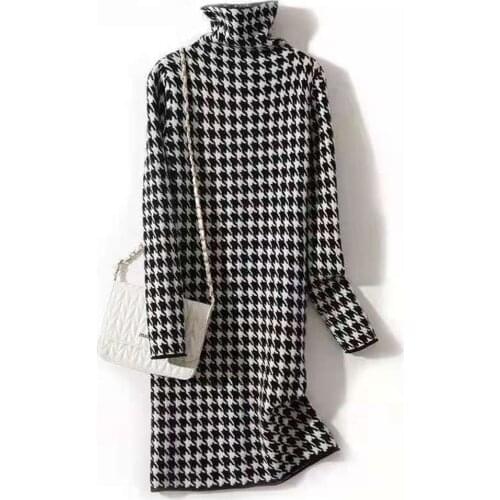Houndstooth Turtleneck Women Long Knit Straight Sweater Autumn Winter Thick Warm Midi Dresses Plaid Knit Dresses Long Jumpers