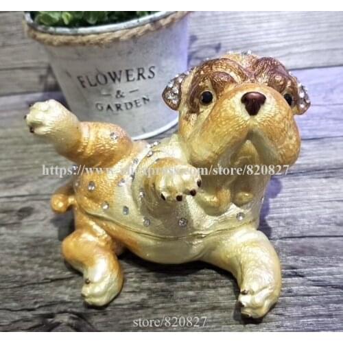 Enameled Dog Trinket Box Hand Painted Collectables Gifts Pug Crystal Bejeweled Necklace Jewelry Trinket Storage Box