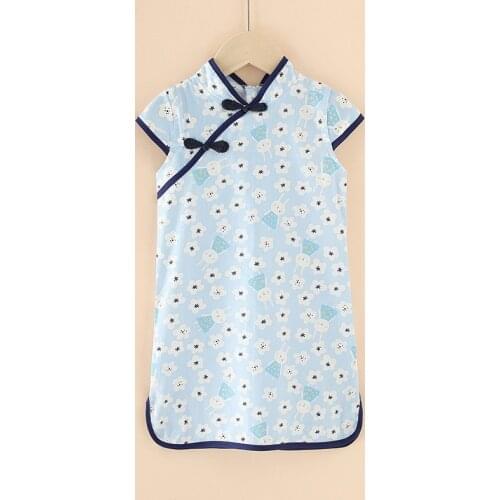 Girls' Cotton Flower Printed Cheongsam Hidden Zipper Short Sleeve Dress Chinese Style Childrens Dress Childrens Princess Dress