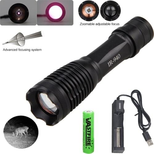 940nm IR Infrared Light Zoomable Adjustable Focus Flashlight Night Vision Hunting Torch+18650 Battery+Charger