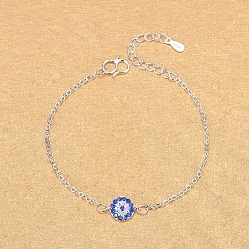 Delicate 925 Sterling Silver Round Blue Rhinestone Charm Bracelets For Women Summer Jewelry Gifts