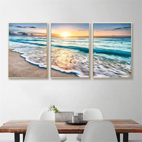 Wall Painting Sunset Sea Wave Poster Beach Seascape 3 Piece Canvas Print Wall Pictures for Living Room Home Decor Bedroom Art