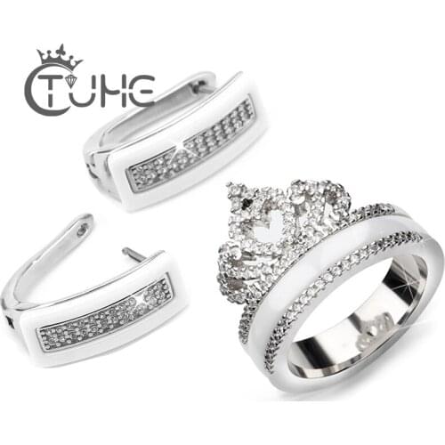 2019 Austrian Crystal Jewelry Sets Elegant Bride Crown Queen Rings & U Shape Stud Earrings Ceramic Bridal Wedding Set Accessory