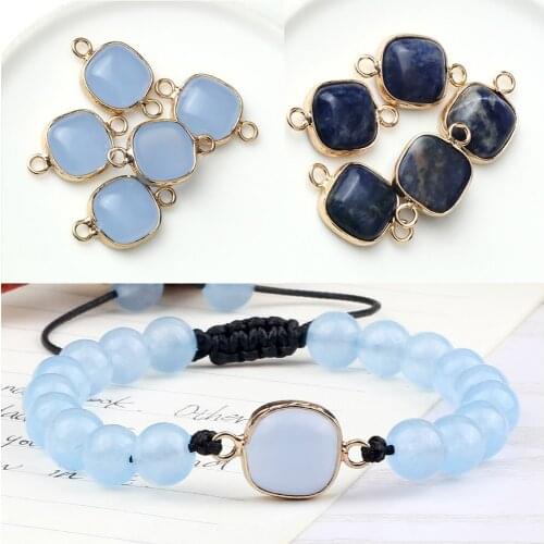 Square Edged Double Holes Aquamarine Pendant Natural White Dot Blue Stone Accessories DIY Handmade Jewelry For Necklace Bracelet