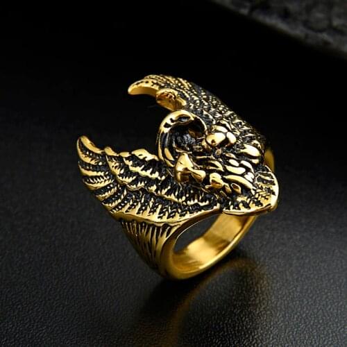 Valily Jewelry Mens Ring Ride Eagle Motorcycle Ring Stainless Steel Classic Punk Biker Gold Ring Animal for Men Gold bague homme