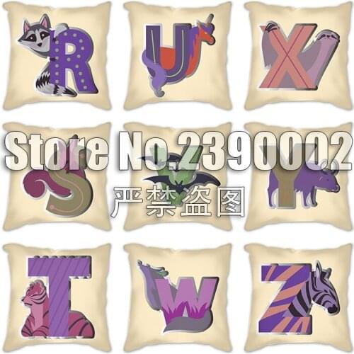 Cartoon English alphabet animals Cushion Cover Decor light yellow Pillowcase Soft Plush Pillow Case for Sofa Home Children Room