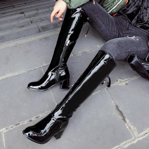Autumn Winter Patent Leather Lady Zipper Knee High Boots Comfortable Thick High Heel Lace Up Rider Boots Plus Size Womens Shoes
