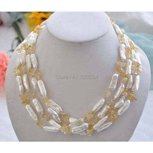 4row 19" 28mm white biwa freshwater pearl yellow necklace