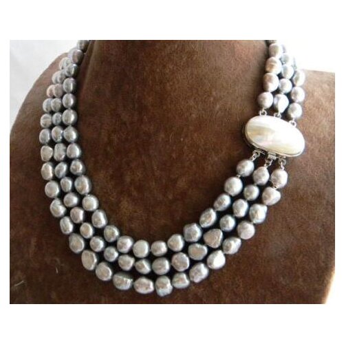 3Strands 18'' 9mm Gray Baroque Freshwater Pearl Necklace