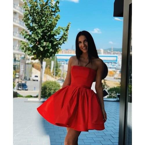 Sky Red Homecoming Dress 2020 Satin A-Line Off The Shoulder Knee Length Graduation Dresses Short Party Gowns Homecoming Dress