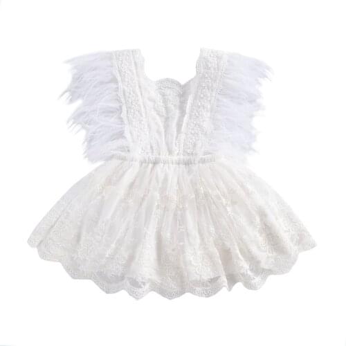 Princess Infant Baby Girls Lace Romper White Lace Backless Jumpsuit Fashion Summer Sleeveless Tassel Feather Rompers 0-24M