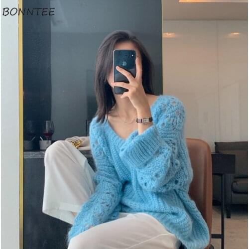 Pullovers Women Korean Style Sexy V-neck Hollow Out Sweater Loose Long Sleeve Knitted Fashion Spring Autumn Solid Tender Simple