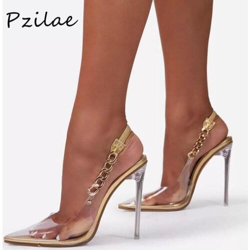 Pzilae Transparent Pumps Women Sexy Pointed Toe Chain Design Crystal Heel Ladies Shoes Stiletto High Heels Wedding Dress Shoes
