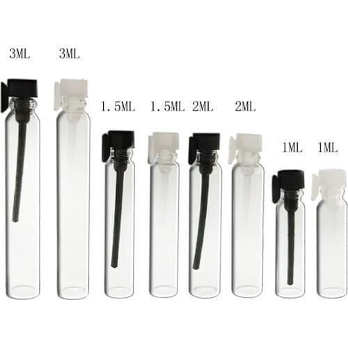 100 x Portable 1ML 1.5ML 2ML 3ML glass perfume bottle parfume sample vials tester trial Perfume bottle with Clear Black Stoppers