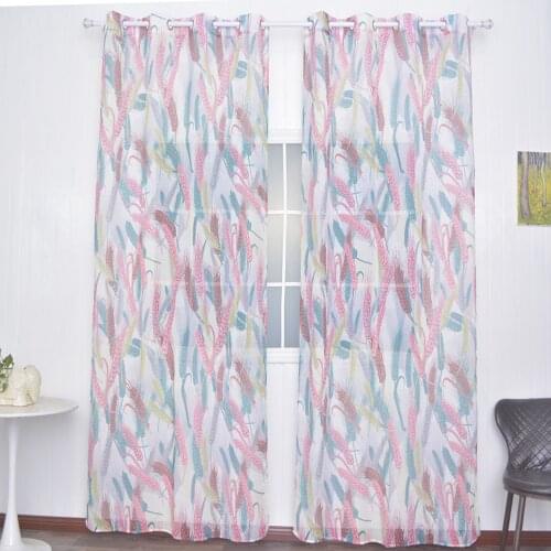 FMH Sheer Curtain Panels for Living room Bedroom French Window Faux Linen Drapery Tulle Printed Wheat in Silver Grommets