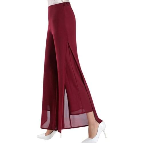Woman pants Wide Leg Long Trousers Casual Vintage High Waist Chiffon Side Split Loose Bohemia Skirt Pants Red Long Pants