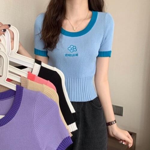 Women O-neck Short Sleeve Embroideried Thin Knit T-shirts Girls Elastic Sweet Slim Pullover Tshirt Tees Crop Tops 2021 Summer