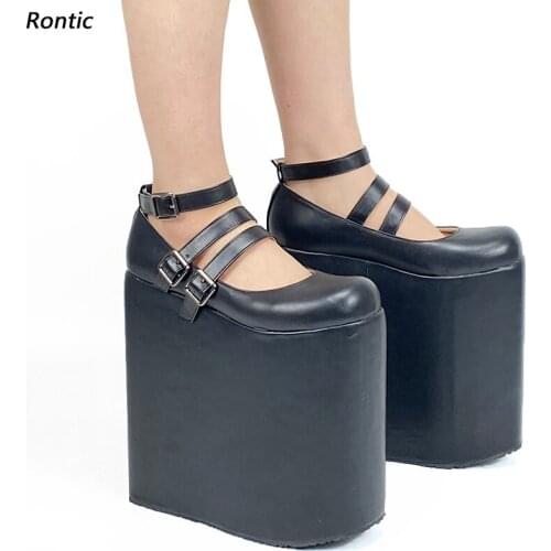 Rontic Hot Handmade Women Platform Pumps Buckle Strap Sexy Wedges Heels Round Toe Elegant Black Cosplay Shoes Women US Size 5-14