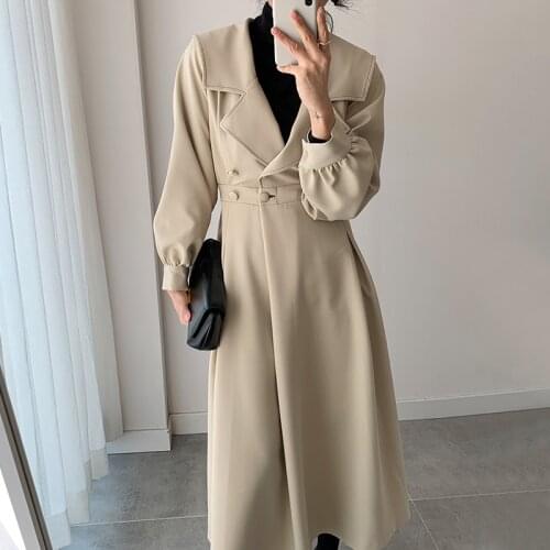 Womens Trench Coat Suit Collar Casual Long Outerwear Double-Breasted Belted Overcoat Female Fashion Windbreaker Spring Fall2021