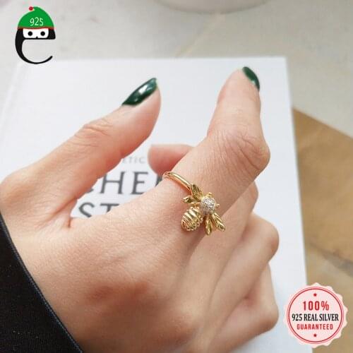 ElfoPlataSi 925 Sterling Silver Cute Animal Zircon Exquisite Bee Adjustable Ring For Fashion Women Ring Sterling Silver Jewelry