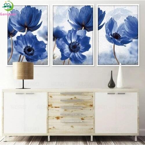 Diamond Embroidery Abstract art, blue flowers Picture Of Rhinestones Diamond Painting drill Mosaic Cross Stitch Wall Art3 pcs