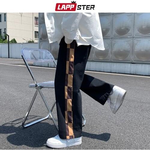 LAPPSTER Men Patchwork Straight Harajuku Streetwear Sweatpants 2021 Mens Kpop Causal Vintage Joggers Male Sweat Black Y2k Pants