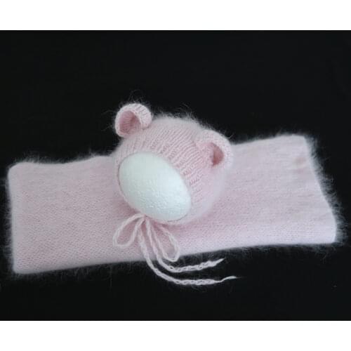 Baby Pink color Vintage Newborn stretch Jersey wrap and bonnet set Photography props Crochet mohair hat Baby sweater wrap layer