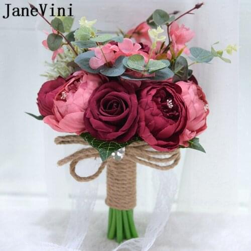 JaneVini Vintage Dark Red Silk Rose Peony Artificial Flowers Bridal Bouquet 2020 Pink Purple Blue Flower Bride Wedding Bouquets