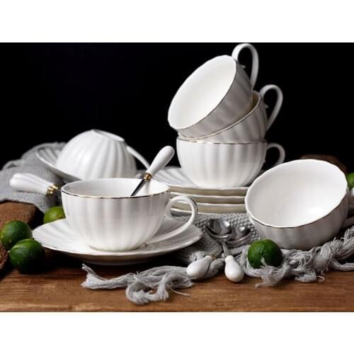 Ceramic Coffee Cup And Saucer Set Embossed European Style Simple Gold Coffee Afternoon Black Tea Pumpkin Cup And Saucer White